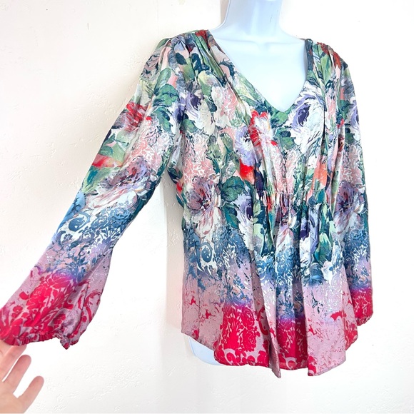 Sundance Samantha Silk Watercolor Floral Blouse Size M Smocked Romantic Fairy - Picture 3 of 10